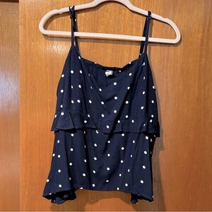 Navy blue and white polka dot ruffle